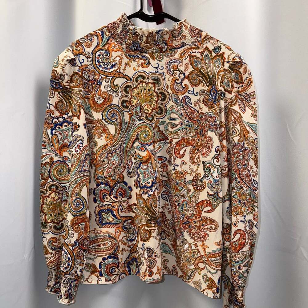 Fall Paisley Print Mock Neck Blouse Size L Multicolor